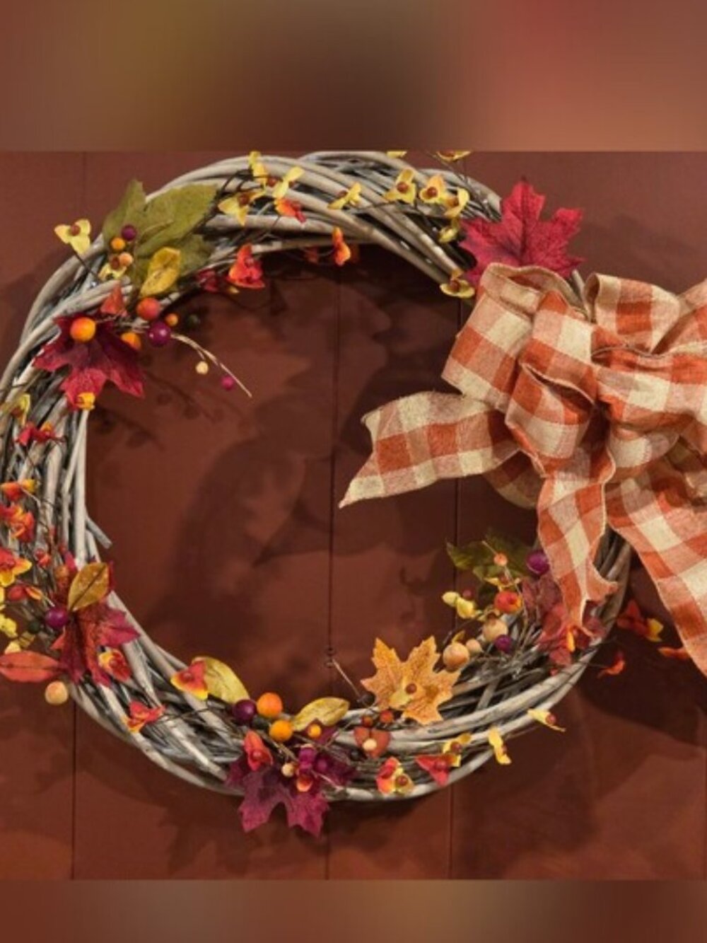 Fall Harvest 19" - Red, Orange & Yellow Faux Accents on a Grapevine Wreath.